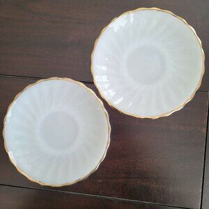 2 Vintage Anchor Hocking Fire King Saucers Scalloped Edge White Gold Gilt MCM